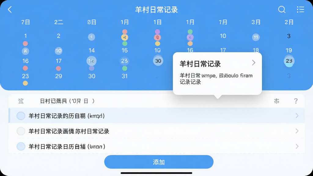主体:羊村日常记录软件的日历日程界面,日历上标有不同颜色的圆点标记,点击某一天弹出记录详情卡片。布局:上方为月视图日历,下方为选中日期的记录列表,页面底部有添加按钮。排版:日历横向排列,记录列表纵向排列,整体布局清晰。风格:简洁清新,蓝白主色调,辅以彩色标记点。细节:日历上的数字清晰,标记点颜色柔和,弹出的卡片有圆角阴影,界面文字为“羊村日常记录”。画质:干净,无多余元素。