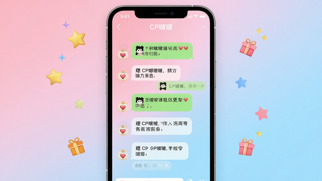 画面主体为一部亮屏的智能手机,屏幕正展示CP啵啵的聊天主界面,背景使用柔和的粉蓝渐变,整体布局呈现居中对称结构,界面风格现代扁平化设计,聊天气泡中带有爱心表情,周边散落着星星与礼物的小图标,画质高清明亮,干净无多余元素,文字需标注“CP啵啵”字样