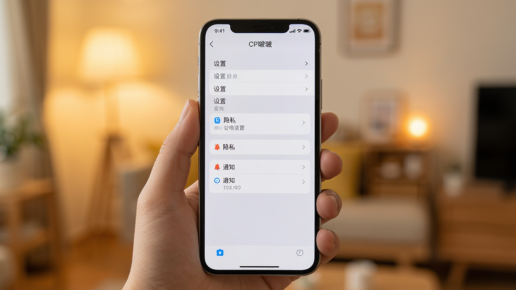 画面主体为一部手机握在手中,屏幕显示CP啵啵的设置界面,背景为模糊的暖色室内场景,布局采用中心构图,风格写实清晰,细节上突出“设置”菜单中的“隐私”与“通知”选项,画质干净明亮,无多余元素,文字需包含“CP啵啵”