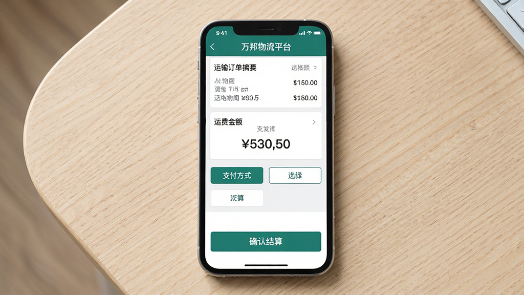 画面主体为手机界面显示万邦物流平台的运费结算页面,顶部显示运输订单摘要,中部有运费金额、支付方式选择按钮,底部为“确认结算”按钮。背景为浅色木纹桌面,手机屏幕清晰展示“万邦物流平台”界面。风格写实,画质高清,布局居中,无多余元素。