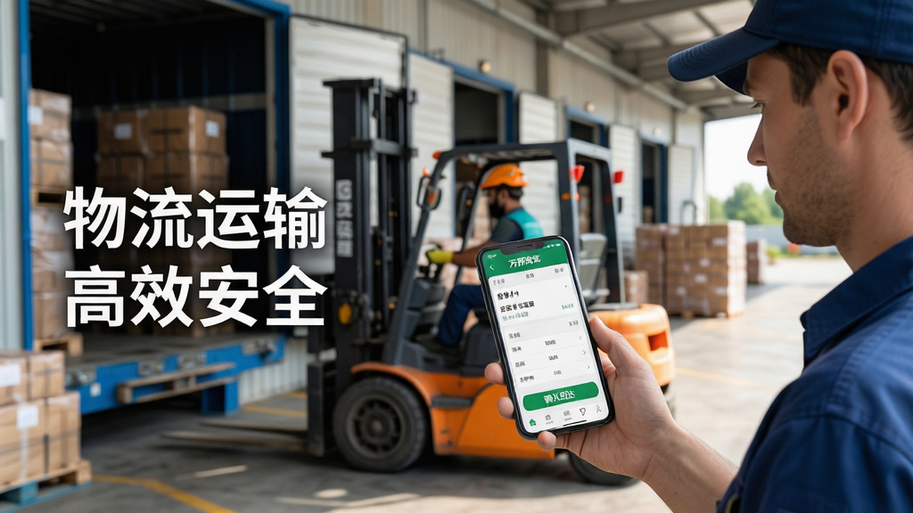 画面主体为一位物流司机手持手机使用万邦物流平台APP,手机屏幕显示运单详情与“确认到达”按钮。背景为仓库卸货区,有叉车与货物。构图采用三分法,司机位于右侧,左侧留白加入文字“物流运输 高效安全”。风格写实自然,画质高清,光线明亮,无多余元素。