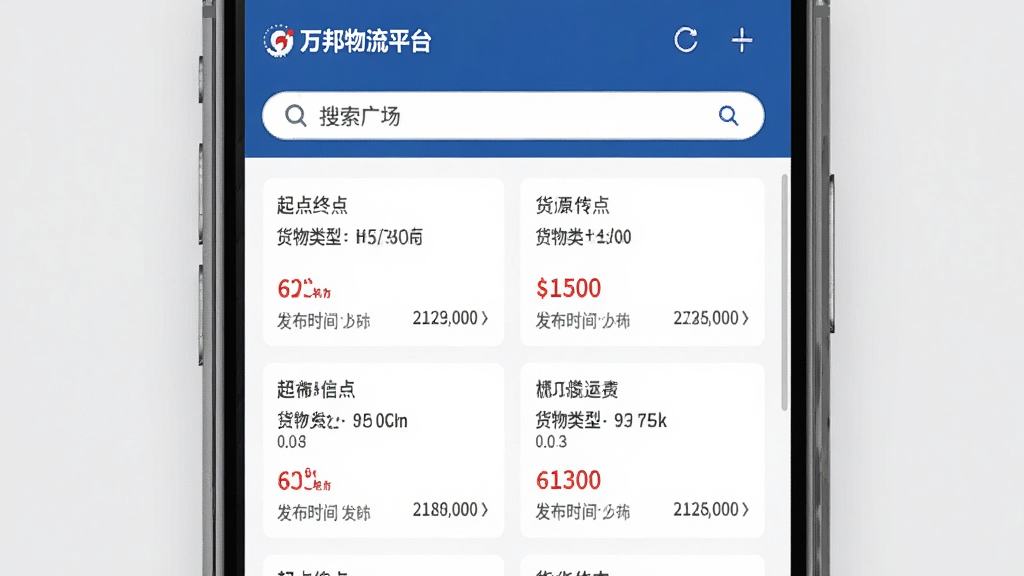 画面主体为万邦物流平台的货源广场界面,屏幕上方为搜索筛选栏,下方以卡片列表形式展示货源信息,每张卡片包含起点终点、货物类型、运费价格、发布时间。屏幕两侧有模拟手机边框装饰,背景浅灰,风格简洁商务,画质干净。