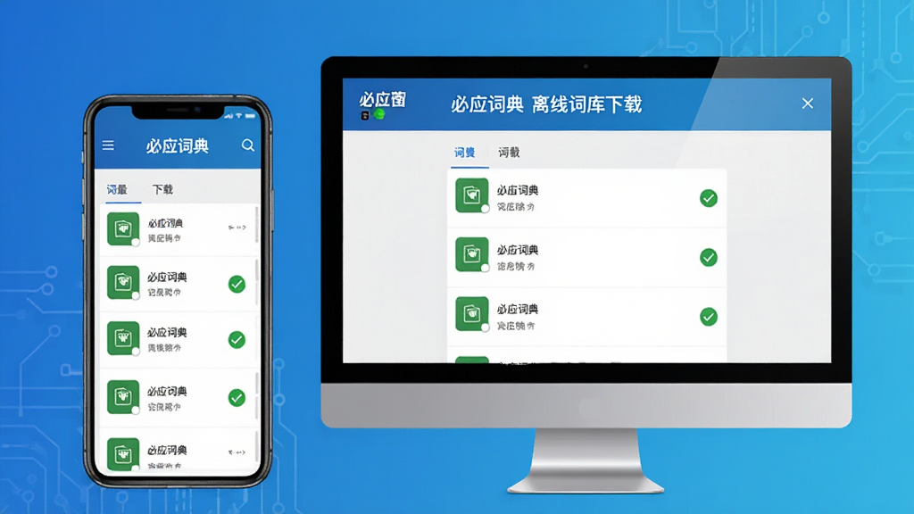 概念图展示“必应词典”的离线词库下载页面,手机与电脑屏幕中显示下载完成的词库列表,图标带有绿色对勾,背景为简约的科技感渐变蓝,画面干净,主体突出,布局均衡,画质清晰。
