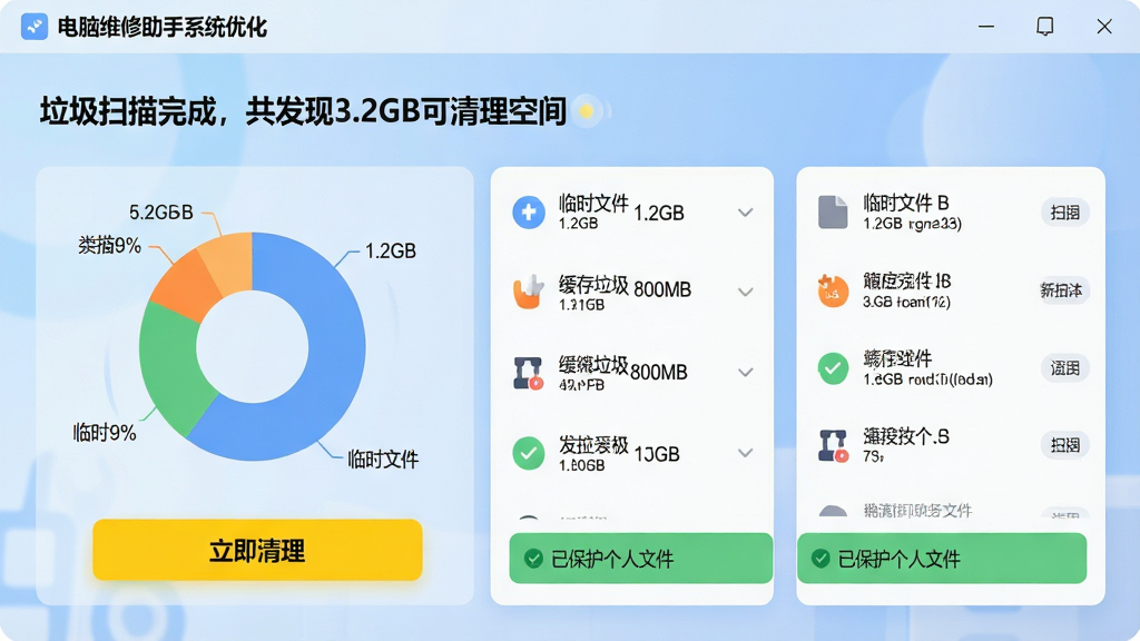 ���壺����ά������ϵͳ�Ż����棬��ʾ������ɨ����ɣ�������3.2GB�������ռ䡱���·��С�������������ť�����֣���ͼչʾ��������ռ�ȣ��Ա���ɨ�����б�������Ϊ��ͽ��������Ű棺���ݿ�Ƭʽ���У�������ťʹ�û�ɫ�����������������ã�����ִ���������ƣ�ͼ���ƽ������΢��Ч��ϸ�ڣ�ɨ�����а�������ʱ�ļ� 1.2GB�������������� 800MB���ȣ��ײ��С��ѱ��������ļ�����ɫ��ʾ�����ʣ����壬�ɾ����޶���Ԫ�ء�