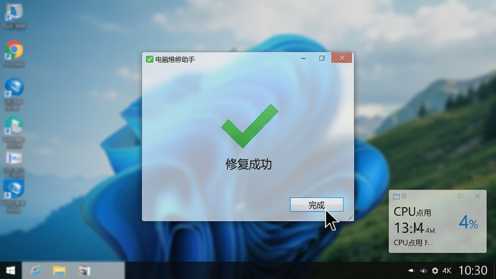 ���壺����ά��������Windows���������е�ʵ����������ģ���������ֽ��ǰ����������������ʾ���޸��ɹ�����ɫ�Թ������֣�������У��������ڰ�͸��ë����Ч�������·�����������ʾCPUռ���ʣ��Ű棺������죬��ֽΪ��Ȼ�羰��ͻ���������棻�����ʵ������Ӱ�У�������ͣ�ϸ�ڣ����ָ��ָ����ɡ���ť����Ļ���½�ʱ����ʾ10:30�����ʣ�4K���壬�ɾ����޶���Ԫ�ء�
