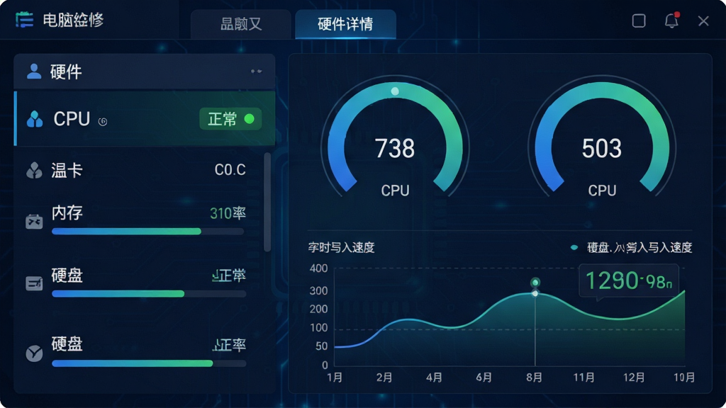 ���壺����ά������Ӳ����⹦�ܽ��棬��ʾCPU���Կ����ڴ桢Ӳ�̵�ʵʱ�¶���ռ����ͼ�������֣������Ӳ���б����Ҳ��ǻ����Ǳ���������ͼ�����涥���С�Ӳ�����顱��ǩҳ���Ű棺���ݿ��ӻ����Ǳ��̲������̽���ɫ�ʣ�����Ϊ����ɫ�Ƽ��磻���רҵ���������񣬰�ɫ���⣬��Ϣ��η�����ϸ�ڣ�CPU�¶��Ա��С���������ɫ��ʶ��Ӳ��д���ٶ�������������ʾ�����ʣ��߾�ϸ�ȣ��ɾ����޶���Ԫ�ء�