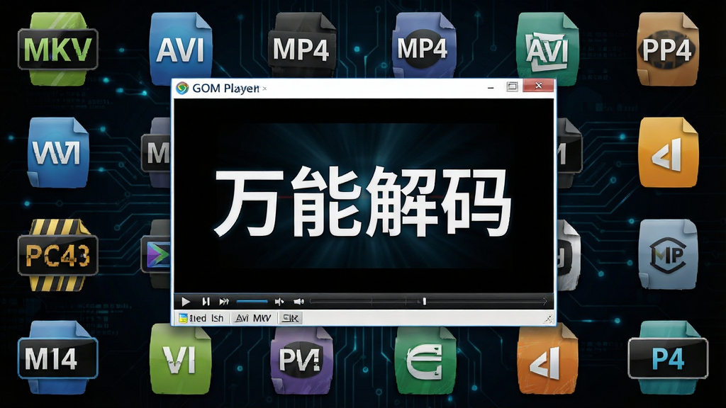 一张GOM Player软件播放多个不同格式视频文件的拼贴画面,中央是播放器主窗口,周围环绕显示各种视频格式图标(如MKV、AVI、MP4),背景为深色科技感风格,突出“万能解码”概念,布局层次分明,细节丰富,画质清晰干净。