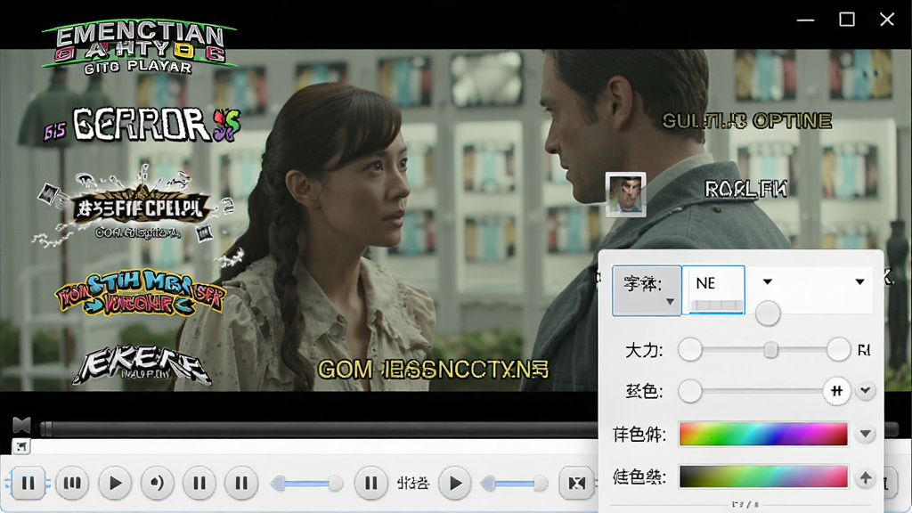 一张GOM Player播放电影画面,画面中显示多条各种样式的字幕效果,下部有一个控制面板,前景是字幕设置选项,包含字体选择、大小调节、颜色设置等,背景为电影场景,整体风格明亮清晰,布局直观,画质干净。