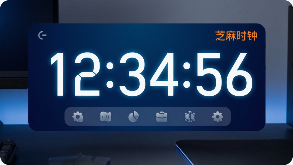 主体为一块悬浮在深色电脑桌面上的数字时钟界面,中央显示超大白色高亮字体“12:34:56”,字体风格现代清晰,右上角有“芝麻时钟”橙色小字。布局简洁,时钟下方有一排半透明功能小图标。整体为科技感深蓝渐变背景,桌面整洁,画质高清,干净无多余元素。