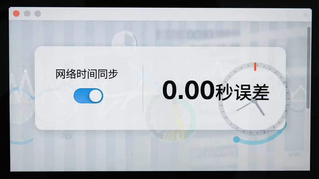 电脑屏幕中央显示芝麻时钟设置面板,左侧为“网络时间同步”开关,右侧显示当前时间与标准时间对比结果“0.00秒误差”,背景为浅灰色设置界面,整体布局清晰,文字醒目,画面干净,无多余元素,画质高清。