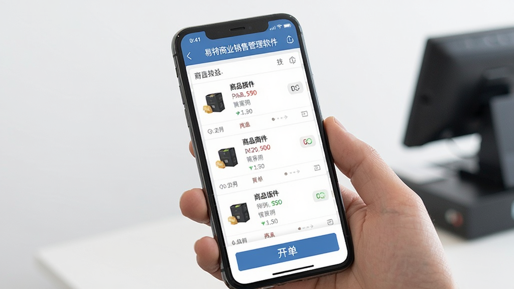 一张手机屏幕显示易特商业销售管理软件移动端界面的图片,画面中有商品列表和开单按钮,上方显示“易特商业销售管理软件”字样,背景简洁,突出移动操作场景,画质干净清晰。