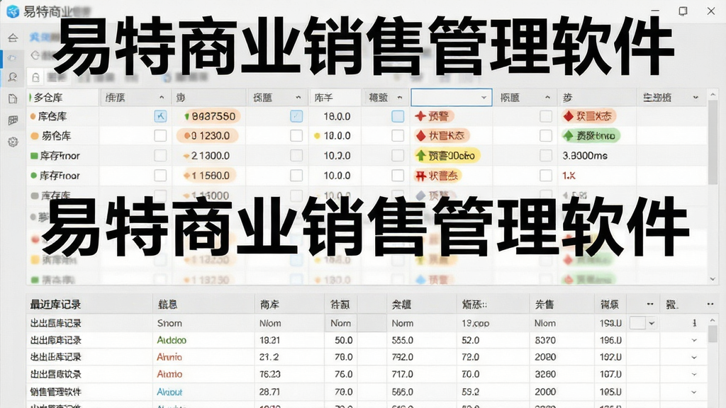 一张展示易特商业销售管理软件库存管理功能的界面截图,画面显示多仓库列表,每个仓库的库存数量、预警状态清晰可见,下方是最近的出入库记录表格,背景为浅灰色,整体风格干净专业,突出软件名称“易特商业销售管理软件”字样,画质高清。