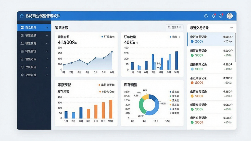 一张展示易特商业销售管理软件主界面的高清截图,画面中央是清晰的数据看板,包含销售金额、订单数量、库存预警等核心指标图表,左侧为功能导航栏,右侧为最近交易记录列表,整体布局简洁商务,蓝白配色,UI设计现代,画质清晰干净,无多余元素。