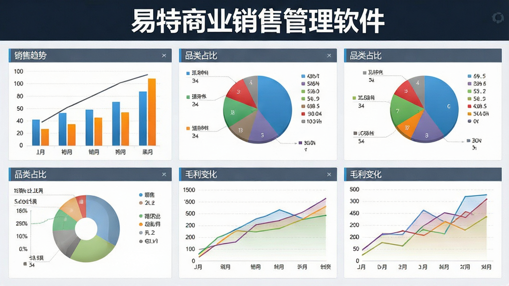 一张展示易特商业销售管理软件报表中心功能的界面,画面中是各种柱状图、饼图、折线图,展示销售趋势、品类占比、毛利变化,图表色彩鲜明,背景干净,界面顶部有“易特商业销售管理软件”的文字标识,整体风格商务大气,画质清晰。