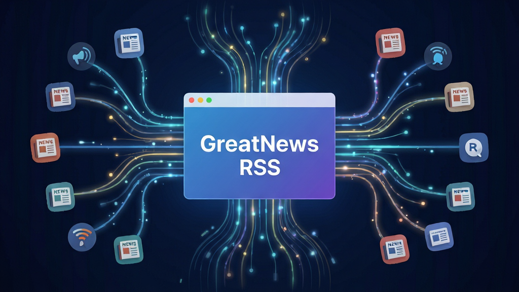 GreatNews 极速信息聚合功能示意, 主体: 动态数据流汇聚到软件界面的抽象图, 布局: 中心为简洁的GreatNews窗口, 周围多条光线连接不同新闻图标, 排版: 富有科技感的对称构图, 风格: 扁平化结合光效, 细节: 光线代表快速抓取, 界面显示“GreatNews”和“RSS”标识, 画质: 高清, 干净, 无多余元素