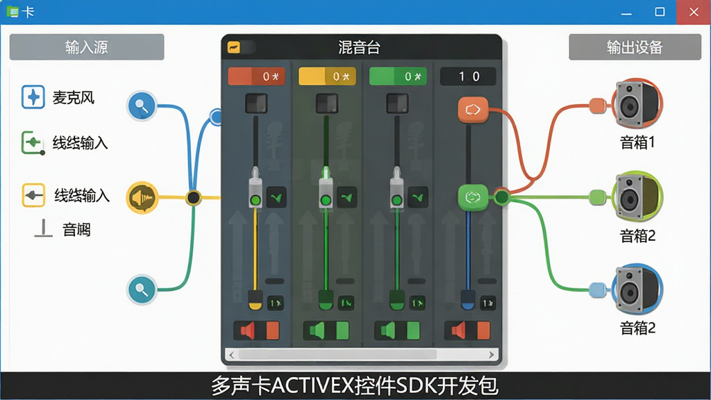 主体:多声卡ACTIVEX控件SDK开发包的混音路由界面,以节点连线方式展示音频通道分配。布局:左侧为输入源列表(麦克风、线路输入),中间为混音台,右侧为输出设备(音箱1、音箱2),连线可拖动。排版:清晰连线图,节点用不同颜色区分。风格:扁平化设计,色彩明快。细节:连线流畅,节点可点击,界面底部显示“多声卡ACTIVEX控件SDK开发包”标识。画质:高清,干净,无多余元素。