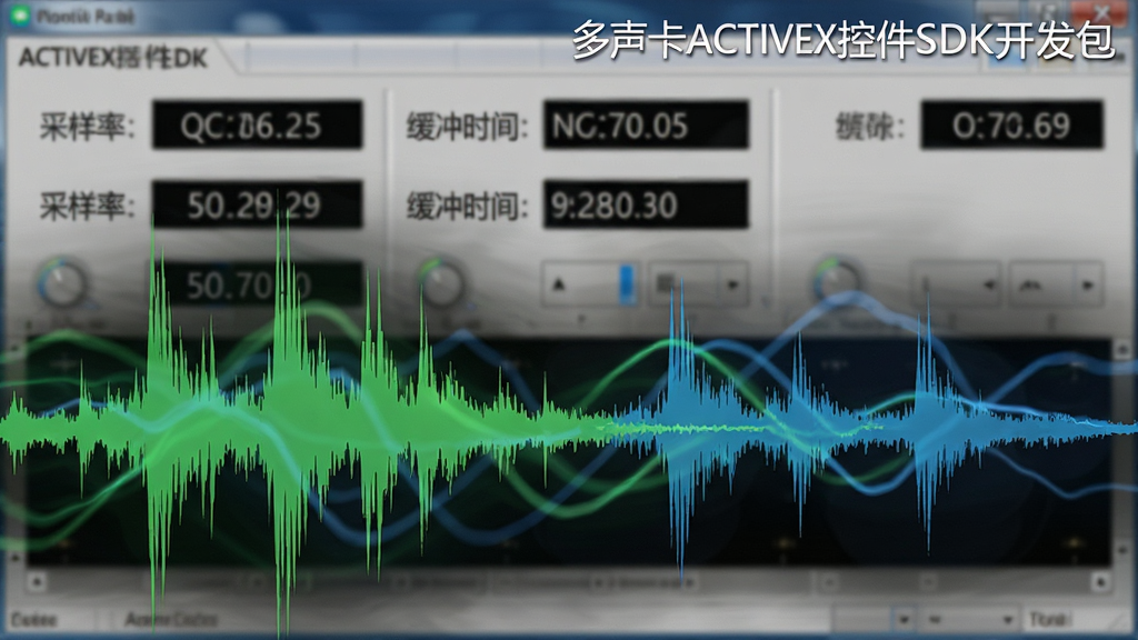 主体:音频波形实时流动的特写,背景为多声卡ACTIVEX控件SDK开发包的控制面板。布局:前景是绿色与蓝色交织的音频波纹,背景虚化显示控件面板上的采样率、缓冲时间等参数。排版:突出波形与参数数值,画面速度感。风格:抽象科技风。细节:波形边缘锐利,参数数值清晰可见,标有“多声卡ACTIVEX控件SDK开发包”的水印。画质:8K超清,干净,无多余元素。