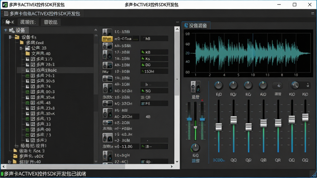 主体:多声卡ACTIVEX控件SDK开发包的界面全貌,显示多个声卡设备列表和参数配置面板。布局:左侧为设备树状列表,右侧为波形显示与混音器控制区域,底部为状态栏提示“多声卡ACTIVEX控件SDK开发包已就绪”。排版:清晰的功能分区,采用深灰色专业开发工具风格,代码编辑器风格配色。风格:科技感、简洁、明亮。细节:界面中标注“多声卡ACTIVEX控件SDK开发包”标题,图形中有音频波形图、EQ均衡器滑块、声卡设备图标。画质:4K高清,干净无多余元素。