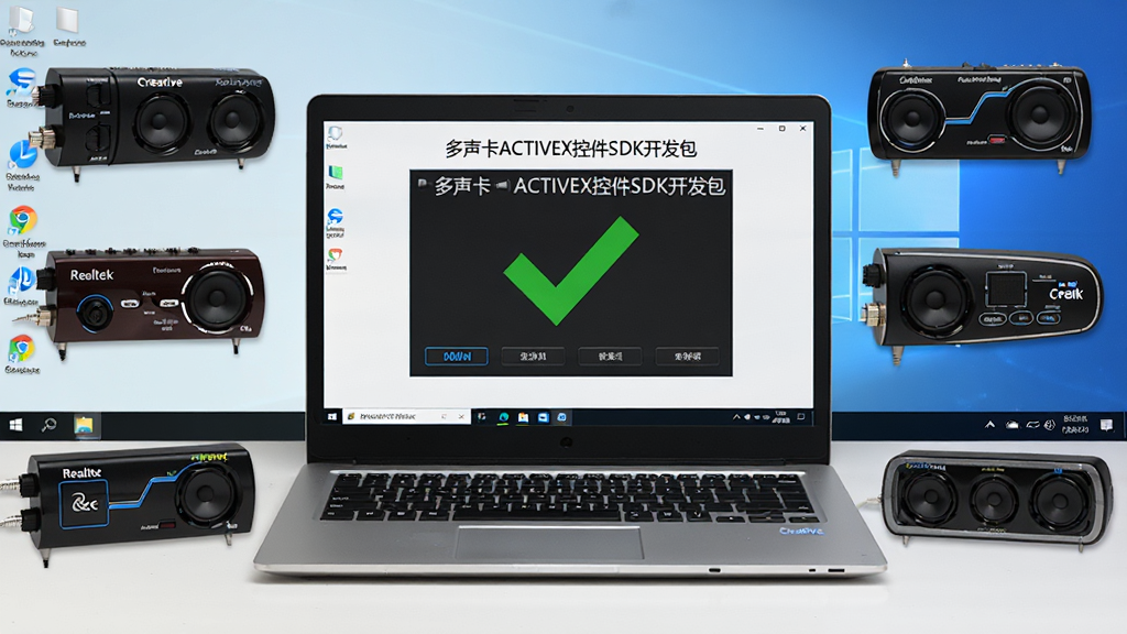 主体:一台笔记本电脑运行着多声卡ACTIVEX控件SDK开发包,旁边摆放多款主流声卡设备。布局:电脑屏幕显示控件运行成功,绿色对勾图标,周围环绕多款声卡硬件,背景为Windows系统桌面。排版:以电脑为中心,硬件环绕分布。风格:实物拍摄感,商务简约。细节:声卡上有“Realtek”“Creative”等Logo,屏幕显示“多声卡ACTIVEX控件SDK开发包”字样。画质:高清,干净,无多余元素。