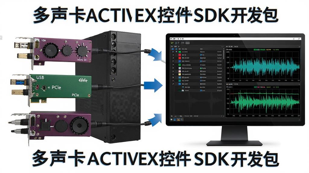 主体:电脑主机连接多个外置声卡设备,屏幕上显示多声卡ACTIVEX控件SDK开发包的管理界面。布局:画面左侧为多块不同颜色的声卡硬件,右侧屏幕中展示设备列表和波形输出,中间以箭头示意数据流向。排版:硬件与软件界面对应展示,突出“多声卡ACTIVEX控件SDK开发包”字样。风格:实物与数字结合,科技感。细节:声卡上标有“USB”“PCIe”等接口标识,屏幕中波形清晰。画质:高清,干净,无多余元素。