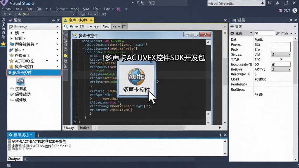 主体:开发者正在Visual Studio中拖拽多声卡ACTIVEX控件SDK开发包到窗体设计器。布局:屏幕中央显示窗体设计器,工具箱中突出显示“多声卡控件”,右侧属性面板显示各项参数。排版:屏幕截图风格,光标位置指向控件图标。风格:真实开发场景,代码高亮。细节:界面中标注“多声卡ACTIVEX控件SDK开发包”名称,底部输出窗口显示编译成功。画质:高清,干净,无多余元素。