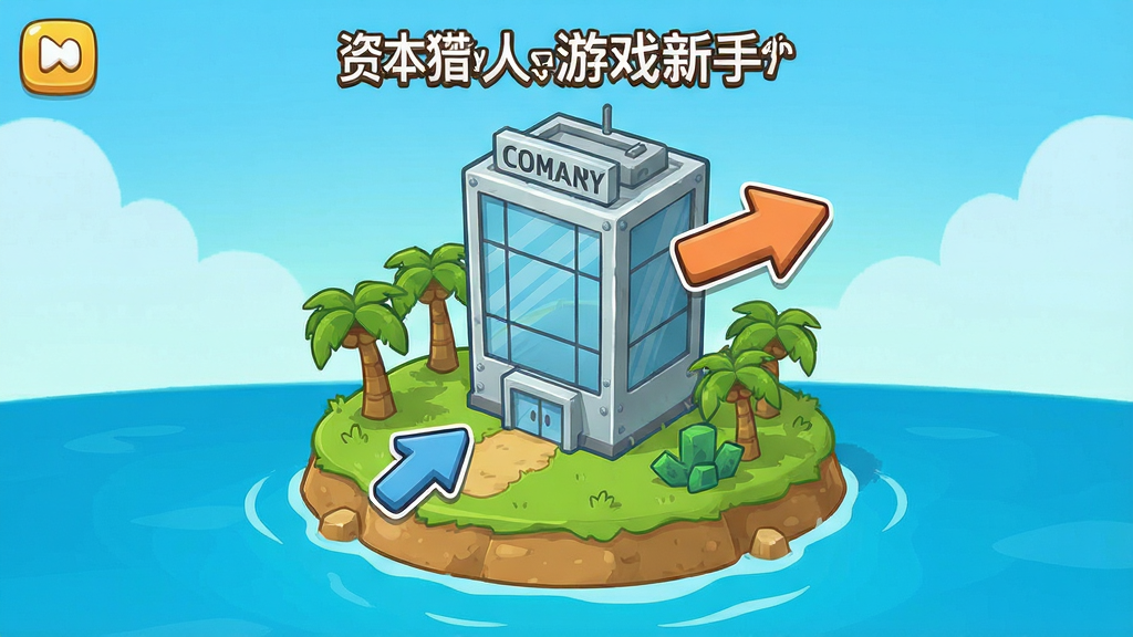 资本家猎人游戏新手引导界面,卡通风格,显示一座小岛上的公司大楼,有箭头指示点击位置,界面友好,色彩鲜艳,画质干净,无多余元素