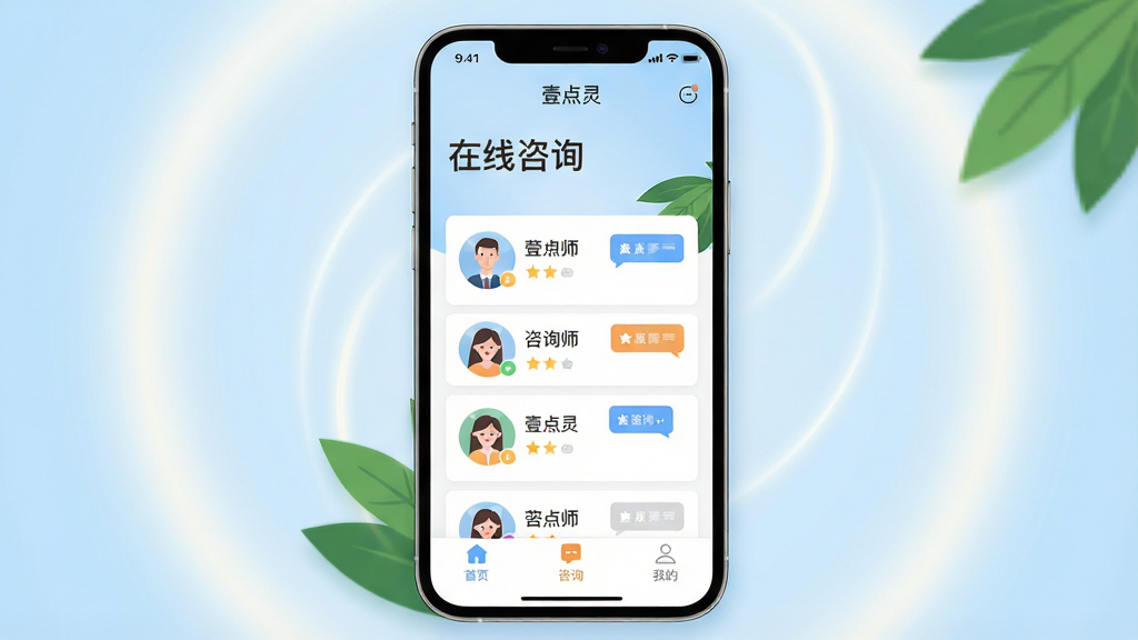 主体:手机屏幕展示“壹点灵”APP主界面,界面顶部显示“在线咨询”字样,中部呈现咨询师列表卡片,底部有“首页”、“咨询”、“我的”三个标签。布局:手机居中,背景为淡蓝色渐变,四周有柔和的光晕,整体构图平衡。排版:界面UI清晰,文字可读,图标简洁。风格:现代扁平化,色彩温暖,给人安心感。细节:屏幕上咨询师头像清晰,对话气泡示例,背景有绿叶点缀。画质:高清渲染,干净无多余元素。