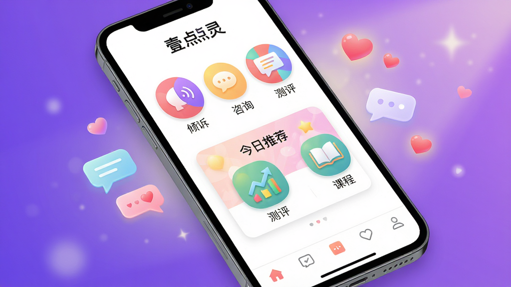 主体:手机展示“壹点灵”服务选择页面,页面有“倾诉”、“咨询”、“测评”、“课程”四个彩色图标。布局:手机斜放,背景为渐变紫色,周围有对话气泡和爱心图标。排版:功能图标均匀排列,底部有导航栏。风格:活泼友好,色彩明快。细节:每个图标下有简短中文标签,屏幕中央有“今日推荐”卡片,背景有柔和光线。画质:清晰细腻,无多余装饰。
