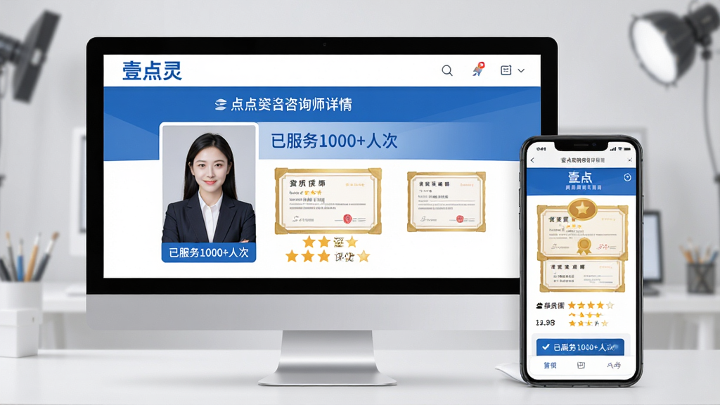 主体:电脑屏幕与手机并排展示“壹点灵”咨询师详情页,页面含咨询师照片、资质证书、服务评分。布局:双设备左右对称,背景为浅灰色工作室环境。排版:界面信息层级分明,证书图标醒目。风格:专业商务风格,色调以蓝白为主。细节:咨询师照片为职业装,屏幕上有“已服务1000+人次”字样,证书为金色边框。画质:高分辨率,干净整洁。