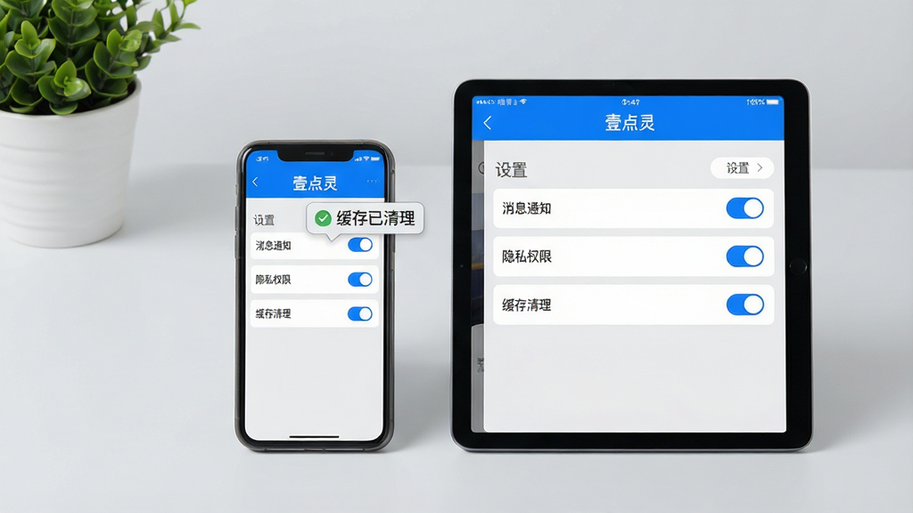 主体:手机与平板并排展示“壹点灵”APP设置页面,页面有“消息通知”、“隐私权限”、“缓存清理”等选项。布局:设备平放于桌面,背景为纯色浅灰。排版:设置列表清晰,开关按钮明显。风格:简洁实用,色彩以蓝白灰为主。细节:屏幕上有“缓存已清理”提示气泡,背景有绿植盆栽。画质:高清,干净明亮。