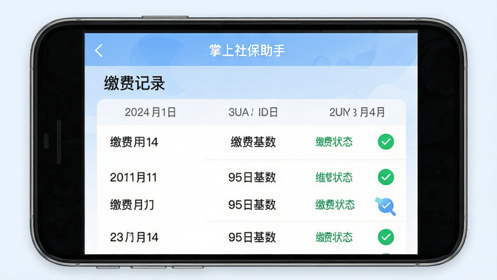 手机应用界面设计,展示“掌上社保助手”社保查询结果页面,页面顶部显示“缴费记录”,下方按月列出缴费详情列表,每行包含缴费月份、缴费基数和缴费状态,并配有绿色对勾图标,界面采用清晰的数据可视化风格,背景为淡蓝色渐变,专业APP界面设计稿,画质高清干净,排版整洁