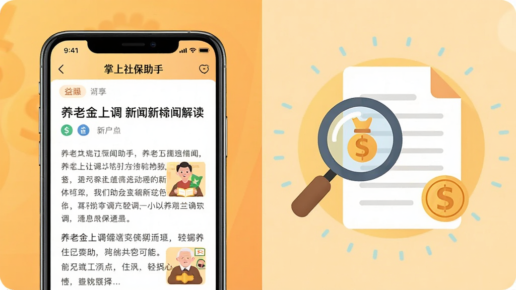 图文排版设计,画面分为左右结构,左侧手机中“掌上社保助手”APP打开一篇关于养老金上调的新闻解读文章,右侧配以明亮的图标如放大镜和文档,整体背景采用暖色调,扁平化现代设计风格,突出信息传播的清晰与亲和力,画质高清干净