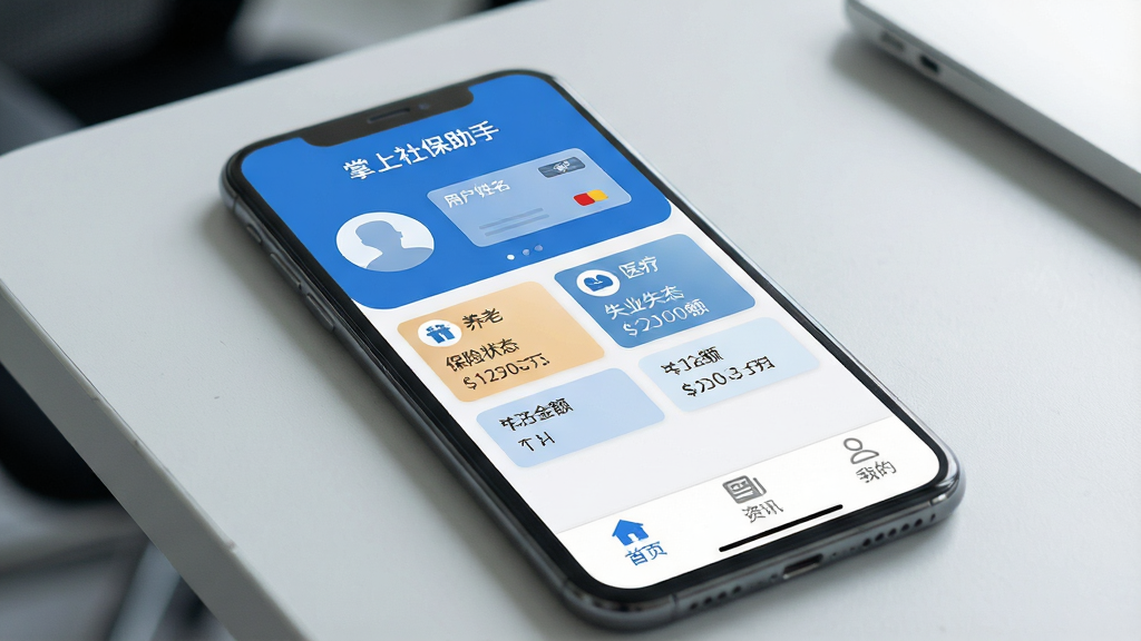 一张智能手机屏幕特写,屏幕内清晰显示“掌上社保助手”APP主界面,界面风格简洁现代,采用蓝色主题色,上方显示用户姓名与社保卡轮廓,中间以卡片形式清晰罗列养老、医疗、失业等保险项目的账户状态与余额,下方设有“首页”、“资讯”、“我的”三个底部导航栏,整体界面明亮干净,手机置于浅灰色办公桌面上,背景虚化,专业产品展示图风格,画质高清干净,无多余元素
