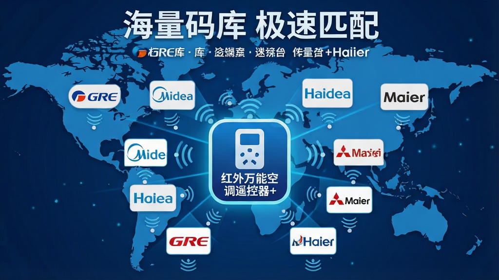 主体:一张世界地图背景上,散布着格力、美的、海尔、三菱等空调品牌Logo。布局:Logo呈放射状排列,中心位置高亮显示“红外万能空调遥控器+”图标。排版:上方标题文字“海量码库 极速匹配”,下方罗列品牌名称。风格:商务科技感,蓝色主色调,扁平化设计。细节:每个品牌Logo下方有信号连接的小图标。画质:高清,干净,无多余元素。