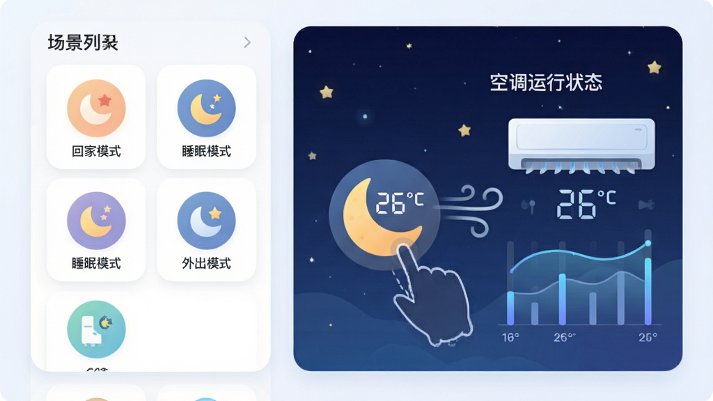 主体:手机APP界面展示“回家模式”、“睡眠模式”、“外出模式”三个圆形图标。布局:左侧为场景列表,右侧为对应场景下空调运行状态的可视化图表。排版:界面采用卡片式设计,色彩柔和,图标下方有文字说明。风格:简约清新,扁平化插画风格。细节:点击“睡眠模式”后,界面背景变为夜晚星空,空调温度显示26°C并伴有微风动画。画质:高清,干净,无多余元素。