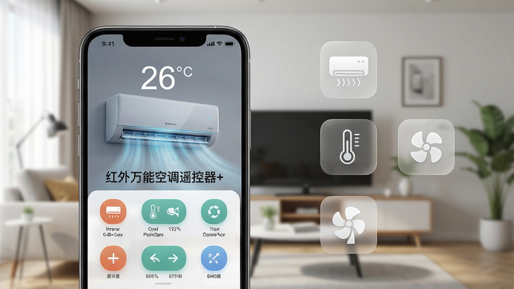 主体:一部智能手机屏幕显示红外万能空调遥控器+的简洁主界面,背景为虚化的现代客厅。布局:手机居中偏左,右侧漂浮着空调、温度、风扇等半透明功能图标。排版:界面UI清晰,大图标按钮排列整齐,上方显示当前温度26°C。风格:科技感与生活感融合,高清渲染,光线明亮柔和。细节:手机屏幕中映出空调正在吹风的动态效果,界面文字突出“红外万能空调遥控器+”。画质:8K超清,干净,无多余元素。