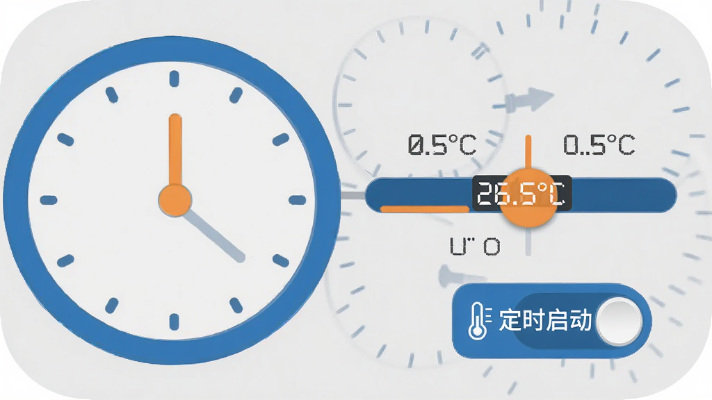 主体:一个简洁的时钟表盘与温度计结合的图标。布局:表盘位于左侧,右侧显示调节精度为0.5°C的滑动条。排版:界面背景为浅灰色,图标以蓝色和橙色为主,突出定时与温控主题。风格:实用工具风格,界面清爽直观。细节:滑动条上有“26.5°C”的刻度显示,时钟旁有“定时启动”的开关按钮。画质:高清,干净,无多余元素。