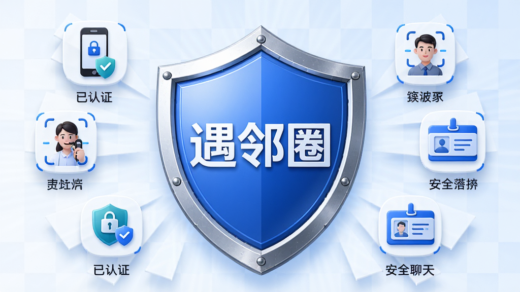 画面主体为一个盾牌图标,盾牌中心嵌有“遇邻圈”logo,周围环绕着手机验证、人脸识别、身份证卡片等小图标;布局对称,盾牌位于中央,两侧呈扇形排列认证元素;排版清晰,图标下方配有简短文字如“已认证”“安全聊天”;风格科技感,主色调为蓝色和白色,背景为淡蓝色渐变网格;细节包括盾牌的金属质感、每个小图标的阴影效果;画质精细,干净无多余元素。