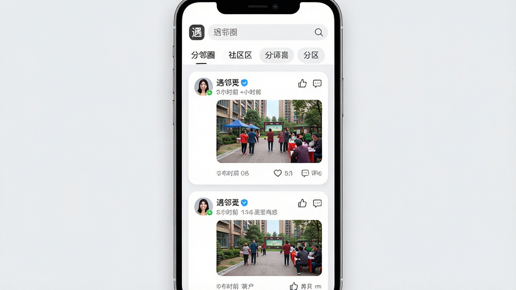 画面主体为手机竖屏界面,展示“遇邻圈”社区动态广场,顶部为搜索栏和分区标签,下方信息流卡片包含用户头像、昵称、发布时间和图文内容,其中一张卡片配图为小区活动照片;布局整洁,卡片间留白均匀,整体UI风格现代简约;排版采用单列瀑布流,图标线条统一;风格清新,背景为浅灰色,卡片白色圆角;细节包括“遇邻圈”logo、点赞和评论图标数字、用户认证标识;画质高清,干净无多余元素。