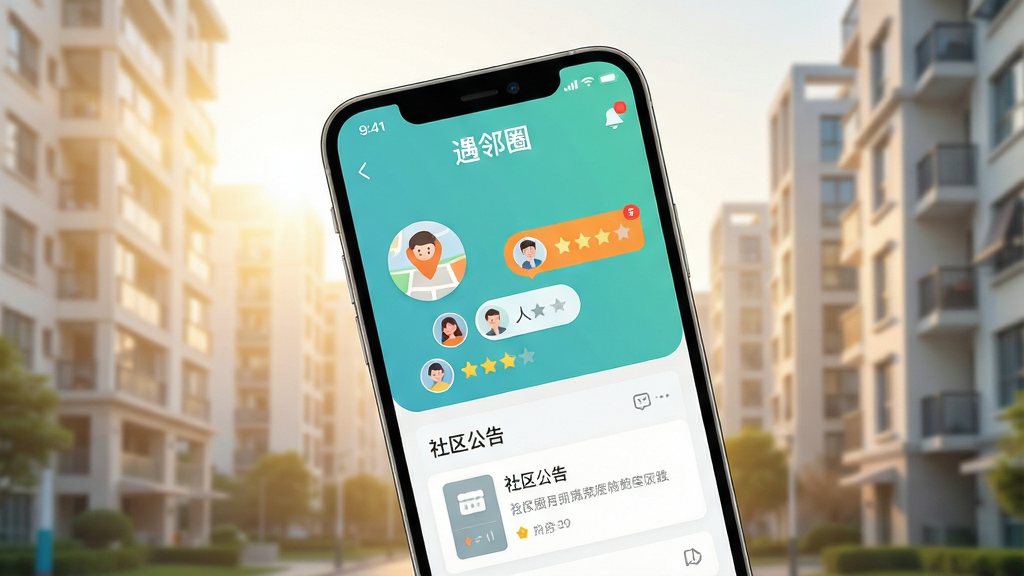 画面主体为一部智能手机屏幕占据视觉中心,屏幕上清晰显示“遇邻圈”应用界面,包含地图定位图标、附近的人头像气泡和社区公告栏元素;背景是模糊处理的现代城市居民楼群,阳光洒落,营造温暖明亮的氛围;布局采用居中对称构图,手机略微倾斜增加动感;排版简洁,界面UI设计扁平化,色彩以清新蓝绿色为主,辅以橙色点缀;细节包括屏幕上的“遇邻圈”字样、消息通知小红点、用户星级评价标签;画质高清,画面干净无多余元素。