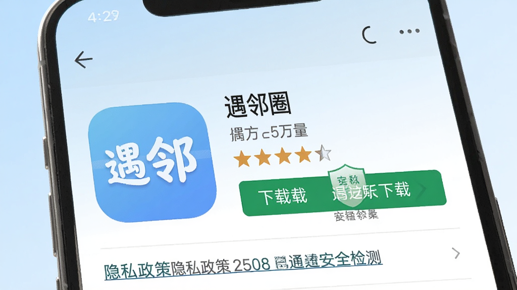 画面主体为一张手机截图,显示“遇邻圈”在应用商店的下载页面,包含应用名称、开发者名称、评分星级、下载按钮和“已通过安全检测”标识;布局规整,信息层级分明,背景为淡蓝色渐变;风格简洁商务,色调专业;细节包括“遇邻圈”图标、下载量数字、隐私政策链接;画质高清,干净无多余元素。