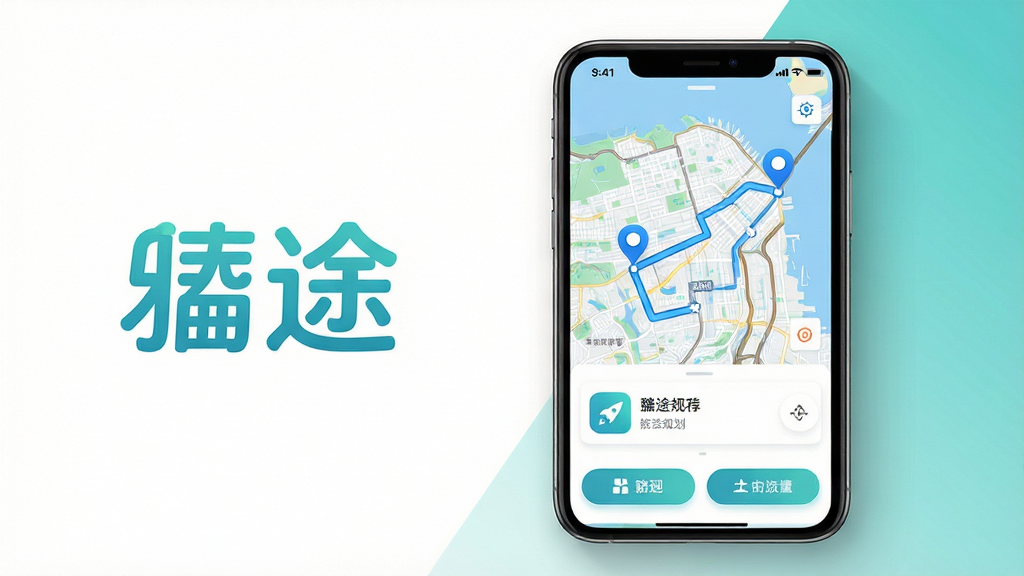 ͼƬ����չʾ��;Ӧ�������档���壺һ�������ֻ���Ļ����ʾ��;APP�������棬�������һ�������ĳ��е�ͼ���·���·�߹滮��Ƭ�͹��ܰ�ť�����֣��ֻ�λ�ڻ�������ƫ�ң�������׷���Ӧ�����ơ���;���������������Ű棺����Ԫ���������򣬵�ͼռ���Ӿ������ܰ�ť����Բ�Ǿ�����ơ�����ִ���ƽ����Ʒ����ɫ��Ϊ���µ�����ɫ�������ɫ������ϸ�ڣ���ͼ����ʾһ����������ɫ�Ƽ�·�ߣ������յ�����Ŀ�ı�ǡ����ʣ�������Ⱦ����Ӱ��Ȼ���ɾ��޶���Ԫ�ء�