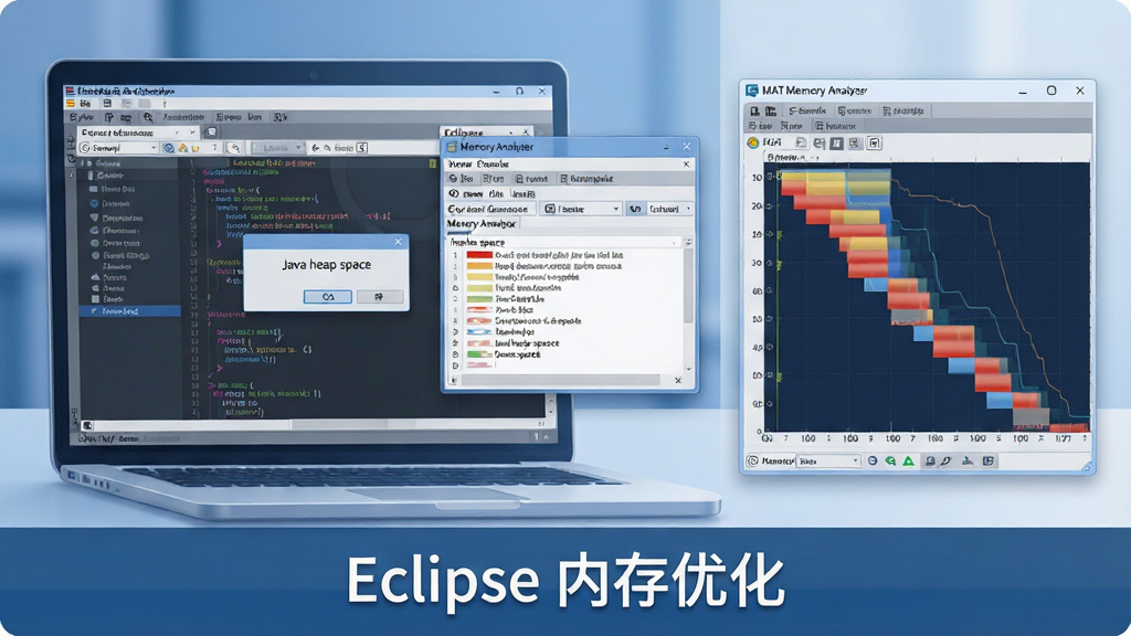 主体:一台笔记本电脑屏幕显示Eclipse IDE的错误处理界面,屏幕上弹出对话框显示“Java heap space”错误,旁边有一个打开的Memory Analyzer工具窗口显示内存泄漏图表。布局:整体分为左右两部分,左侧为Eclipse窗口,右侧为MAT分析图表。排版:画面中央偏左为Eclipse,右侧为MAT,底部有提示文字“Eclipse 内存优化”。风格:科技感插画,以蓝色与灰色为主色调,简洁明快。细节:代码与图表清晰可辨,光影柔和,无多余元素。画质:高分辨率,干净整洁。