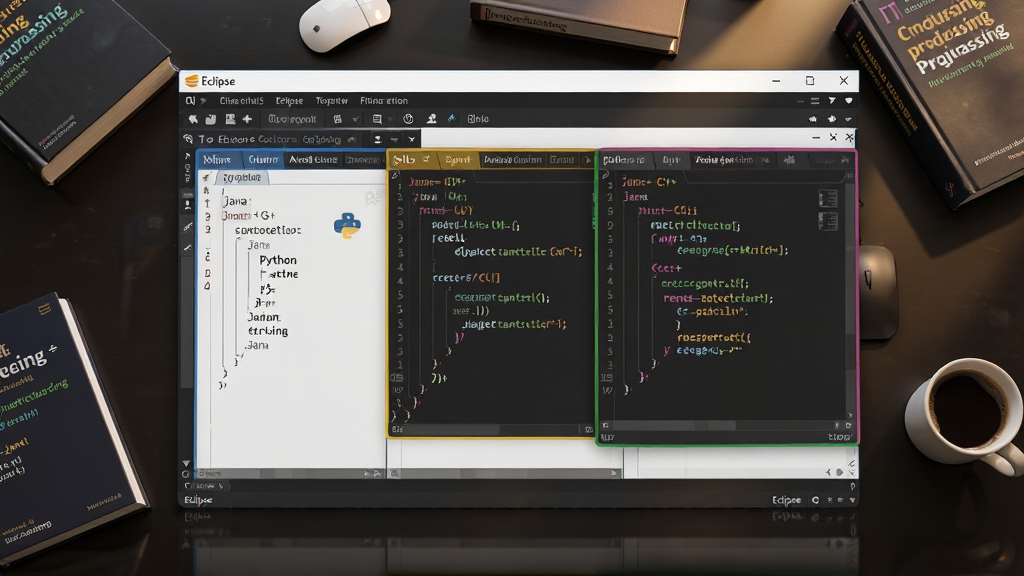 主体:Eclipse IDE界面俯视图,显示多语言混合编程场景,窗口中同时打开Java、Python和C++代码标签页,每个标签页用不同颜色边框区分。布局:画面以Eclipse窗口为主体,背景为深色办公桌,桌面上散落着几本编程书籍和一杯咖啡,营造真实开发氛围。排版:Eclipse窗口置于画面中央,窗口内代码清晰可见,底部状态栏显示“Eclipse”字样。风格:写实摄影风格,结合数字艺术,色调偏暖,突出工具的专业与实用。细节:代码文本锐利,窗口边缘平滑,桌面反射柔和光线,无多余杂物。画质:超高清,光影自然,干净整洁。