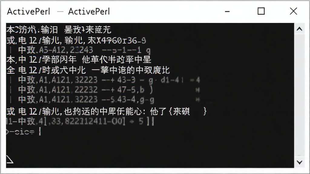 展示ActivePerl命令行中成功运行中文输出的效果,主体为命令提示符窗口,显示清晰的中文结果,背景黑色,字体白色,布局简单明了,排版整齐,风格为技术截图,细节突出中文无乱码,画质清晰干净,无多余元素