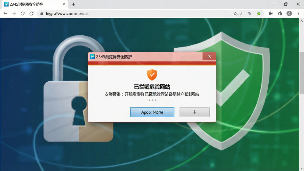2345浏览器安全防护界面展示,主体为浏览器弹出的安全警告弹窗,背景是挂锁图标与绿色盾牌,布局清晰,风格严谨,细节包括“已拦截危险网站”文字,画面干净,画质高清,无多余元素。