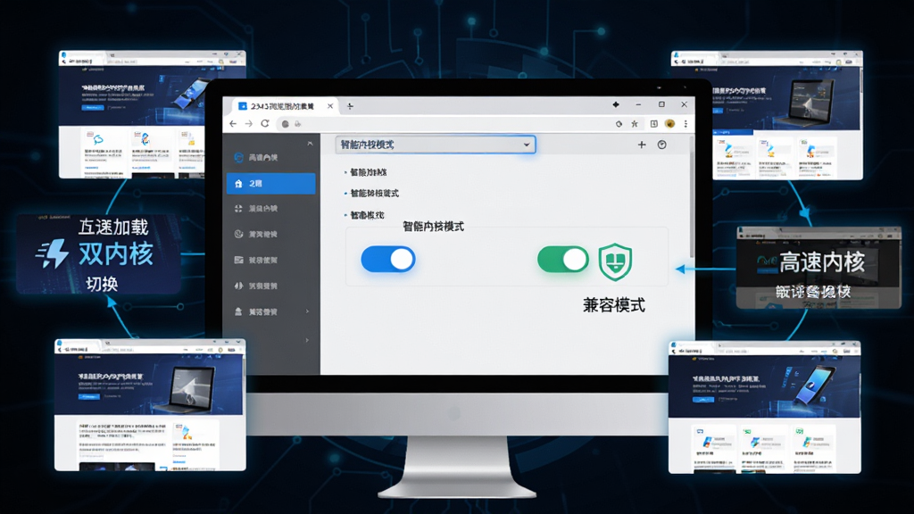 2345浏览器双内核切换示意图,主体为电脑屏幕中打开的浏览器设置面板,显示“智能内核模式”开关,周围环绕快速加载的网页缩略图,布局生动,排版直观,风格科技感,细节标注“高速内核”与“兼容模式”图标,画质清晰,无多余元素。
