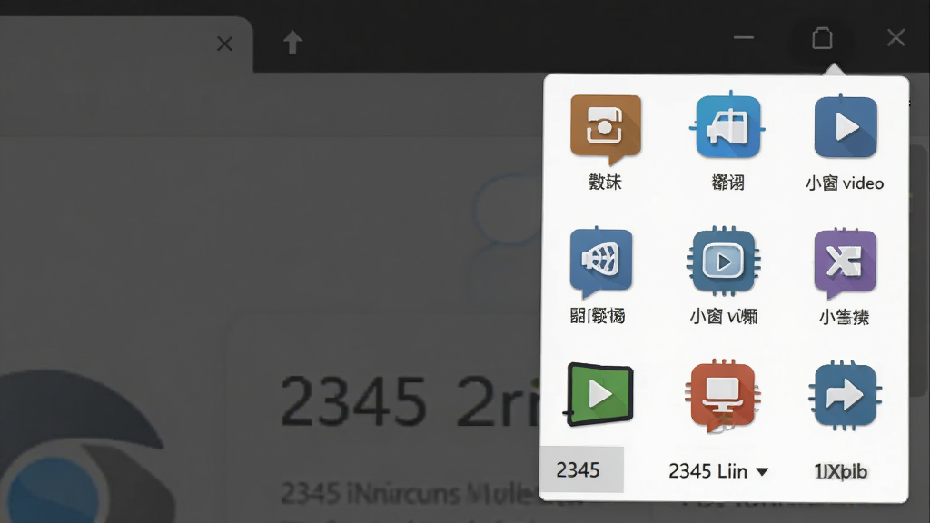 2345浏览器内置工具图标展示,主体为浏览器右上角展开的工具菜单,包含截图、翻译、小窗视频等彩色图标,布局整齐,风格扁平化,细节清晰,背景为微暗的浏览器页面,画质干净,无多余元素。