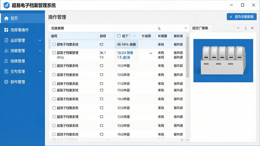 一张展示超易电子档案管理系统主界面的高清截图,主体为软件操作后台,左侧功能导航栏清晰可见,右侧为档案列表与预览区域,整体布局简洁明了,采用蓝白配色,风格现代专业,画面干净,无多余元素,画质清晰。