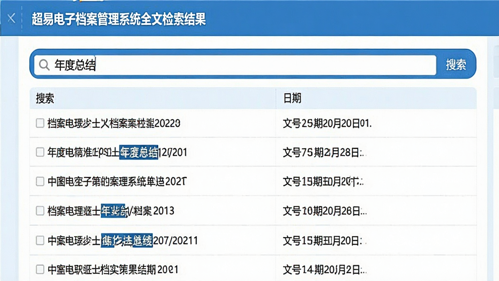 一张展示超易电子档案管理系统全文检索结果的界面截图,主体为搜索结果显示页面,搜索框内输入“年度总结”,下方以列表形式展示多条匹配的档案记录,每条记录显示标题、文号、日期等关键信息,并高亮显示命中的关键词,界面布局清晰,蓝白配色,画质清晰,专业干净。